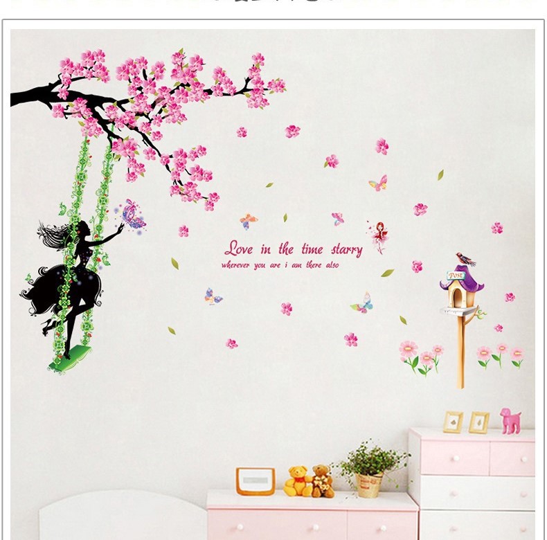 TẾT Decal trang trí tết cành đào cô gái xích đu decal dán kính trang trí nhà cửa đón tết