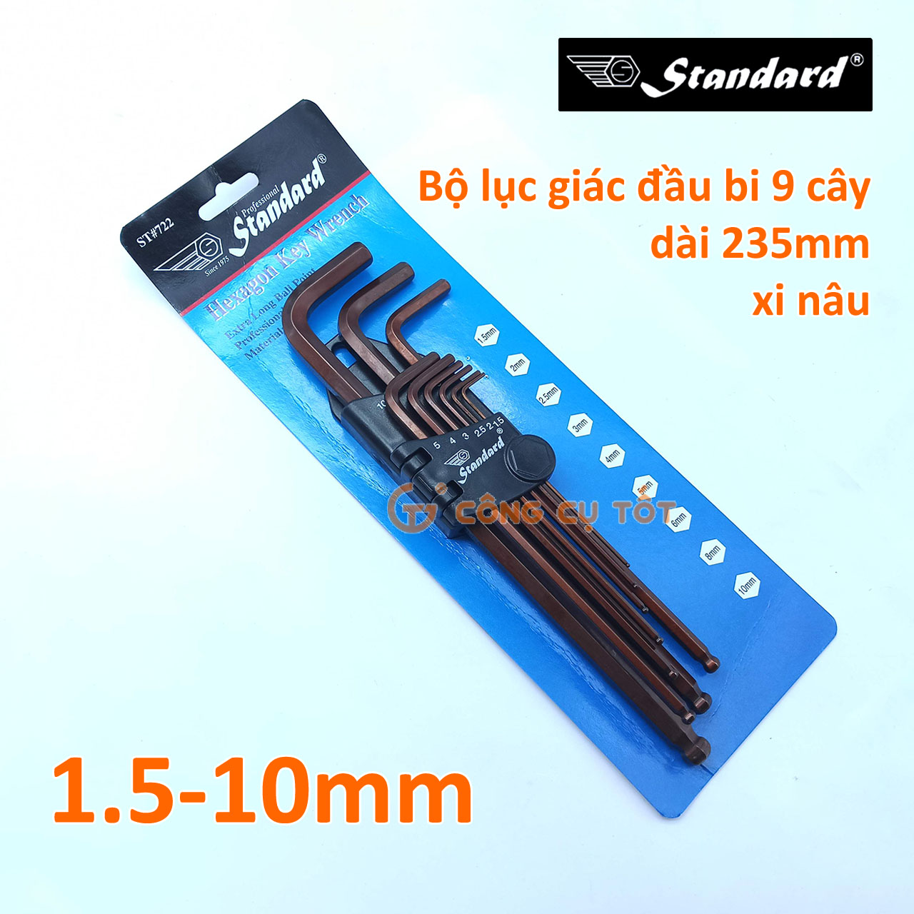 Bộ lục giác đầu bi 9 cây hệ mét Standard xi nâu 1.5-10mm dài 235mm