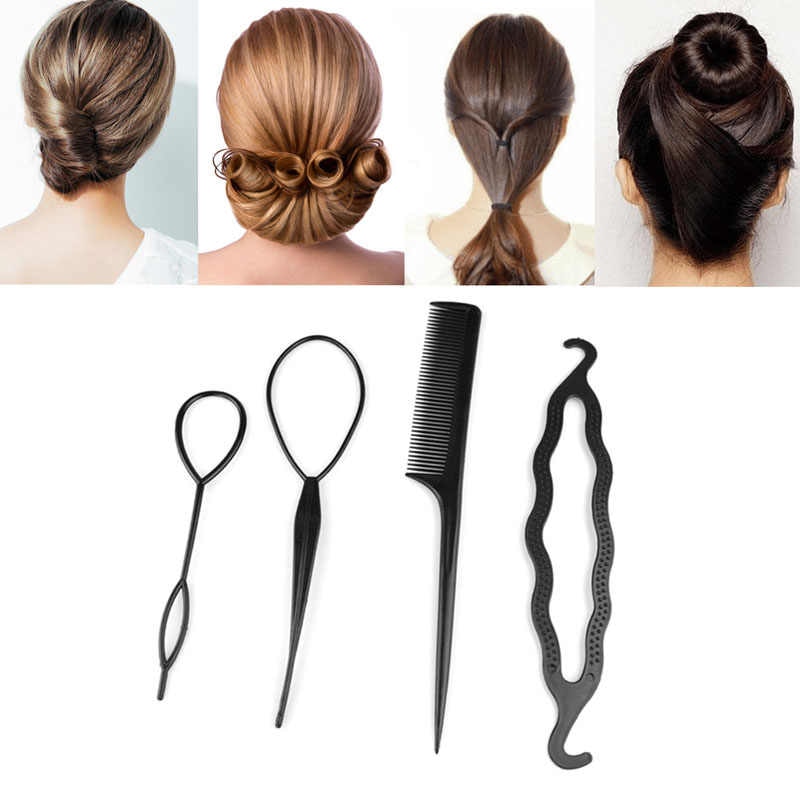 Bộ 4 dụng cụ làm tóc lược chải tóc búi tóc kiểu đẹp đa năng