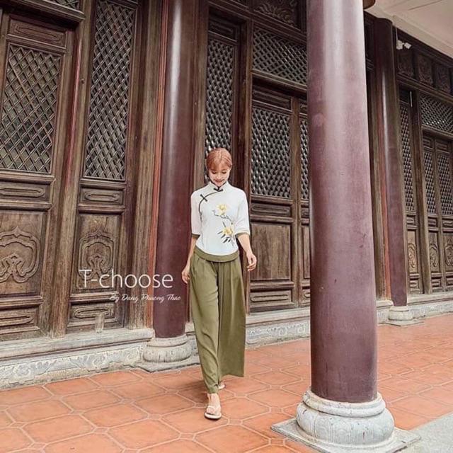 [HCM]SET ĐỒ LAM ĐI CHÙA PHỐI HOA THÊU CAO CẤP D03