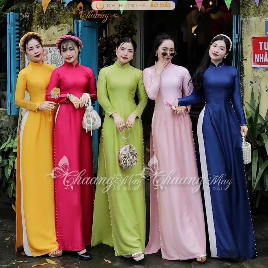 Áo dài truyền thống lụa vân gỗ vàng CHAANG may sẵn ADC087 áo dài đính ngọc cô dâu giáo viên dự tiệc cưới hỏi lễ Tết đẹp