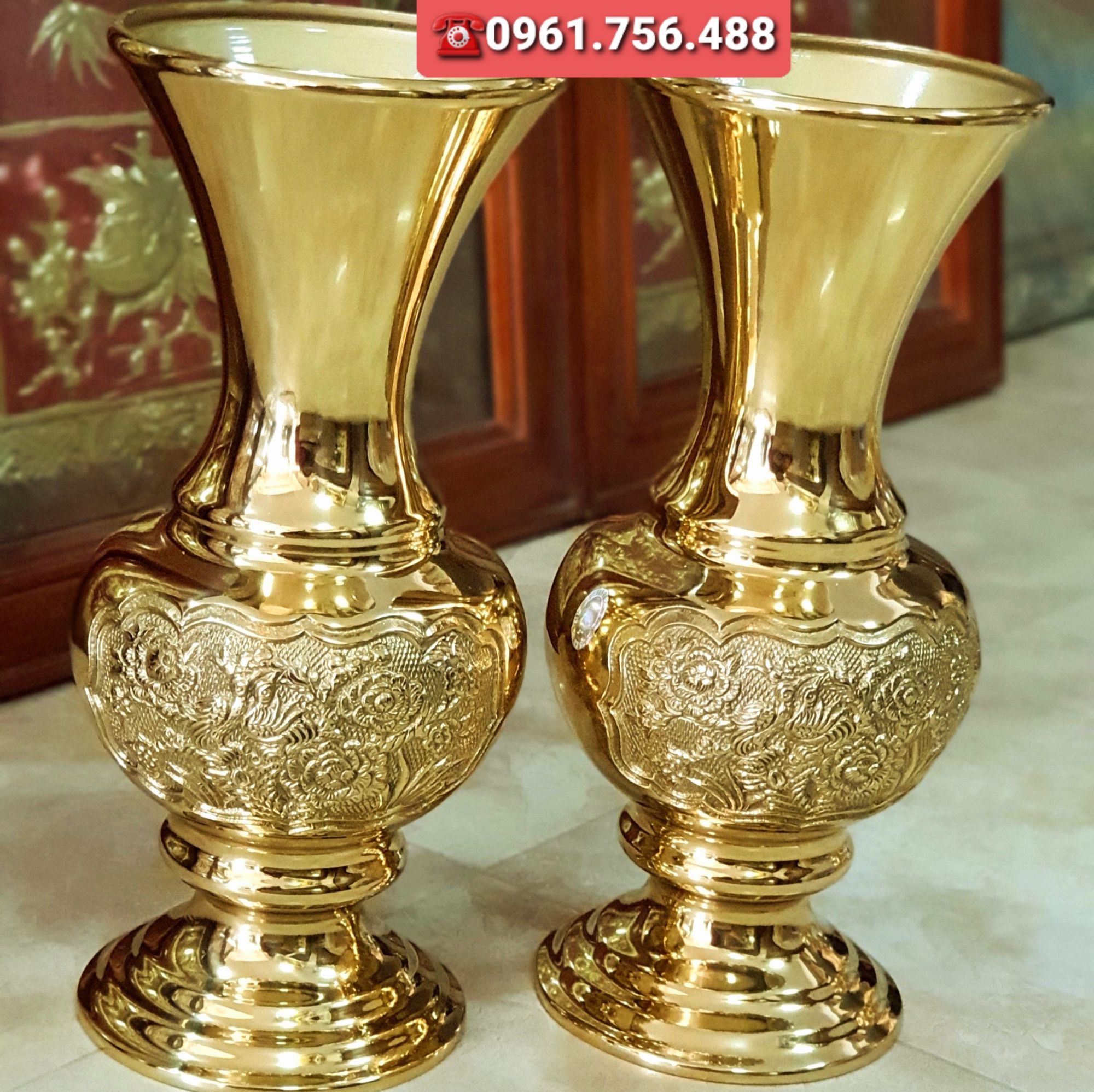 Đôi lọ hoa/ bình bông đồng vàng 30cm