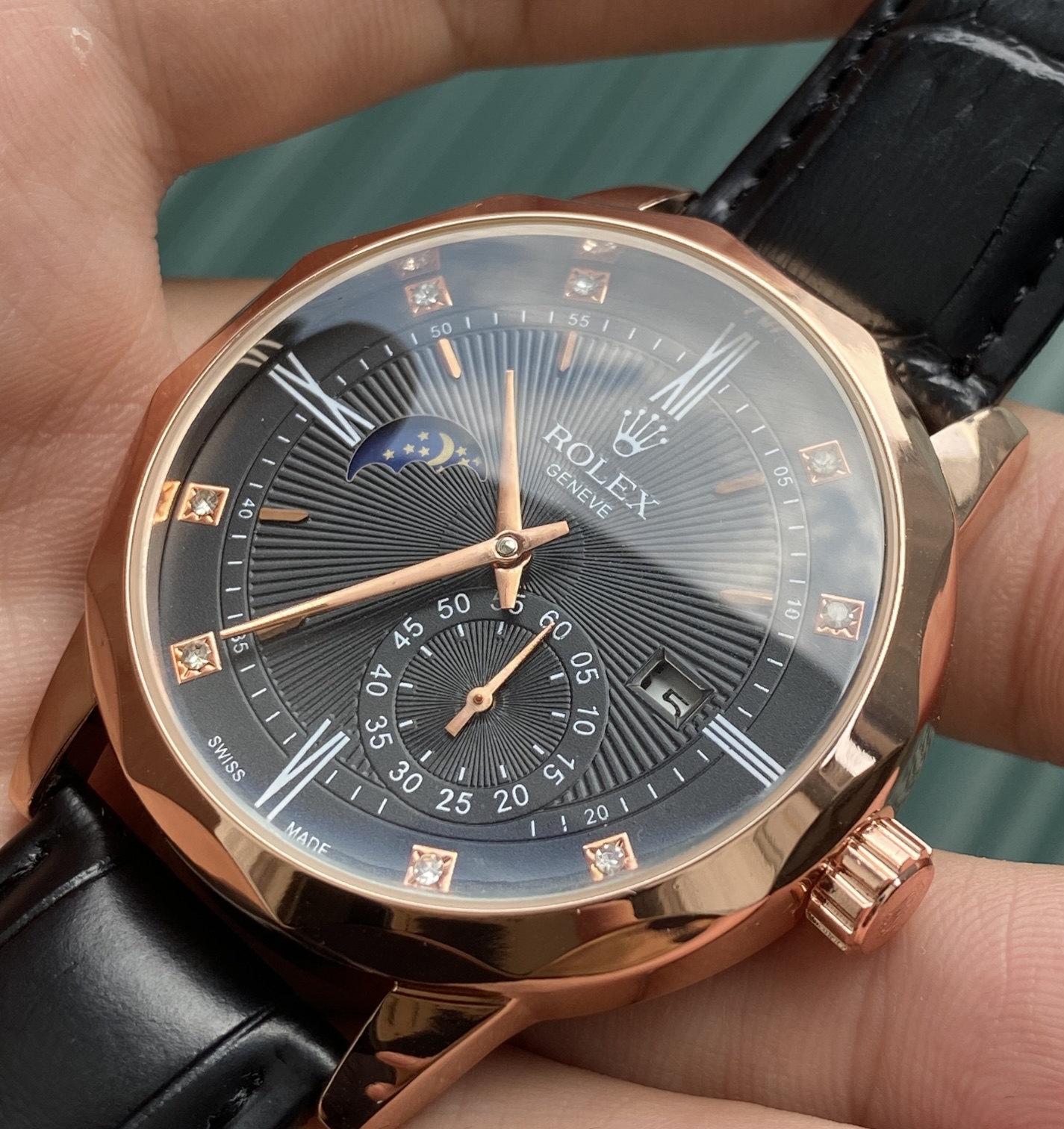 Đồng hồ nam cơ automatic cọc giờ bọc đá dây da sang trọng
