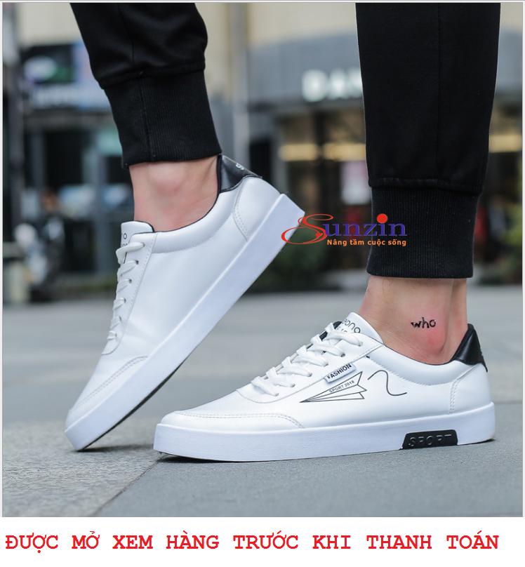 Giày thể thao nam da PU Sunzin 026, size từ 39-44 (trắng phối đen)