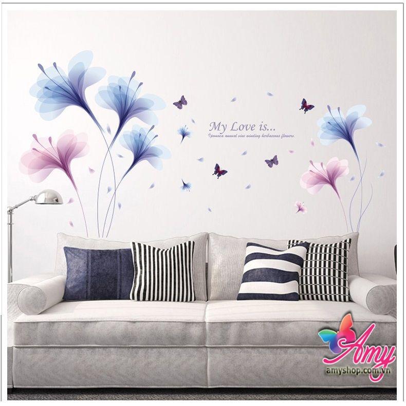 decal dán  tường hoa pha lê tím xanh