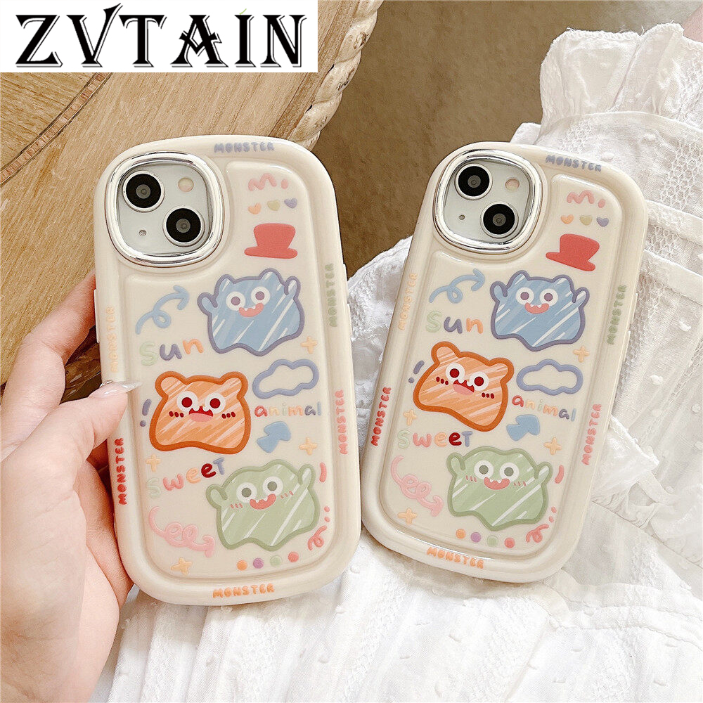 High Quality Electroplating Case for IPhone 11 12 13 14 Pro Max Casing Cute Cartoon Colorful Graffiti Monster Back Cover Couple Shockproof Phone Case