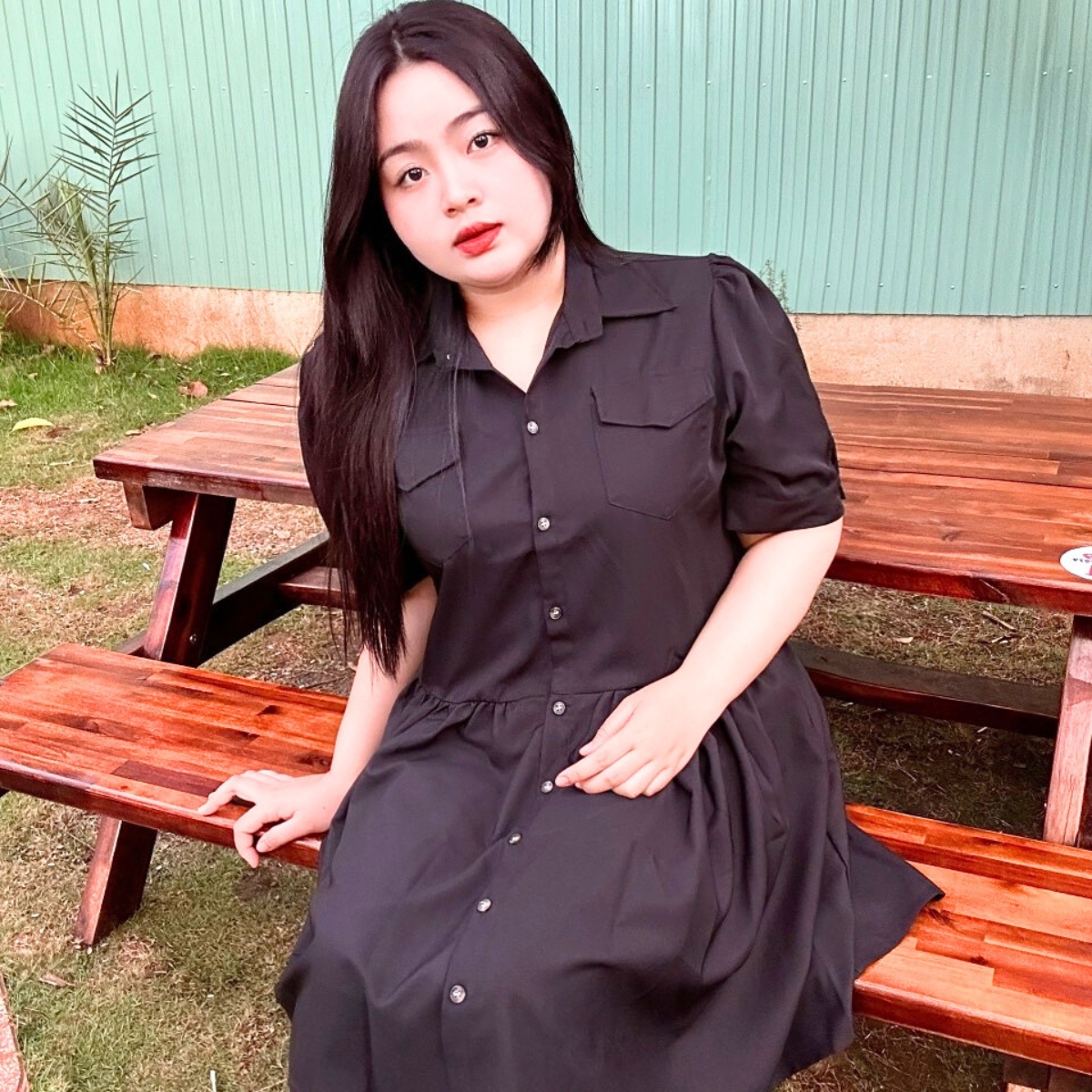 Bigsize women tight waist two sides pocket flare sleeve business dress chubby 58-95kg dam1