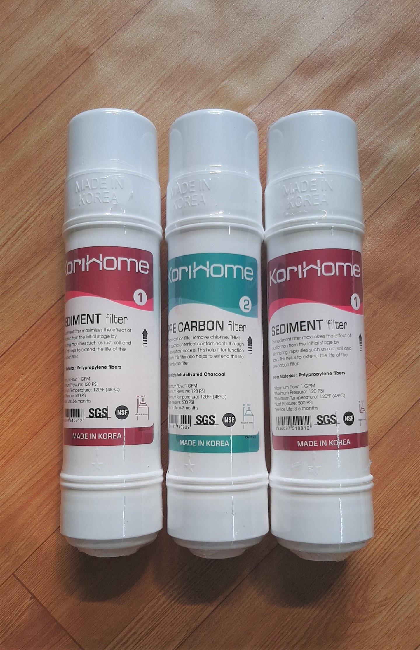 Bộ lõi lọc nước 123 Korihome ( gồm 2 Sediment - 1 Pre Carbon),dùng cho máy nóng lạnh