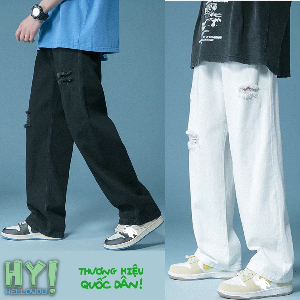 Quần jean baggy nam rách trắng đen 2 gối gấu ống suông rộng chất vải bò cao cấp Ullzang hàn quốc
