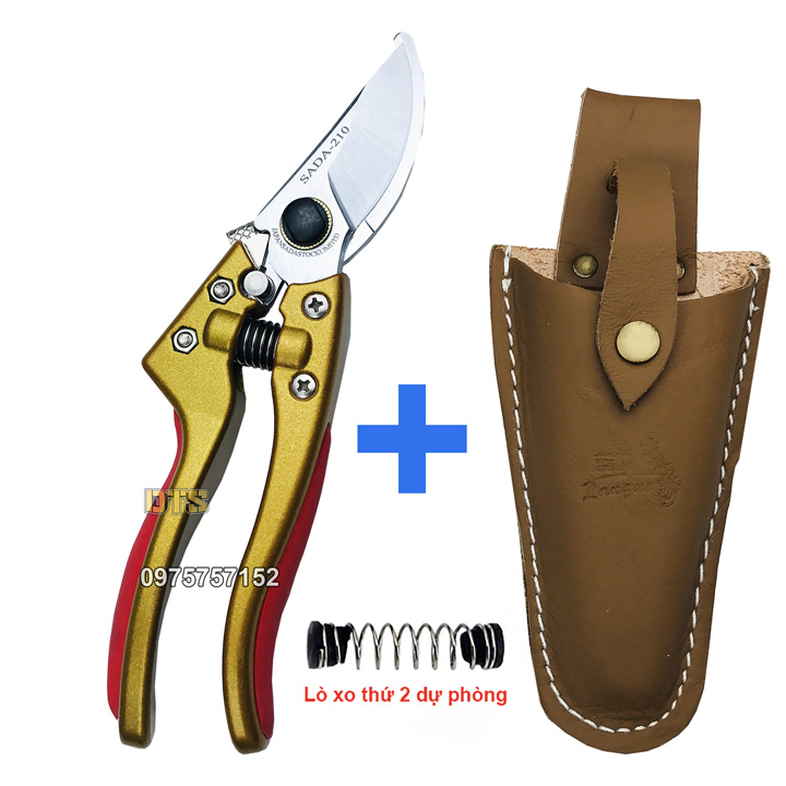 Kéo cắt cành cây SADA 210mm cán vàng Nhật Bản, sắc vĩnh viễn (Bộ kèm lò xo sơ cua và Bao đựng kéo chuyên dụng)