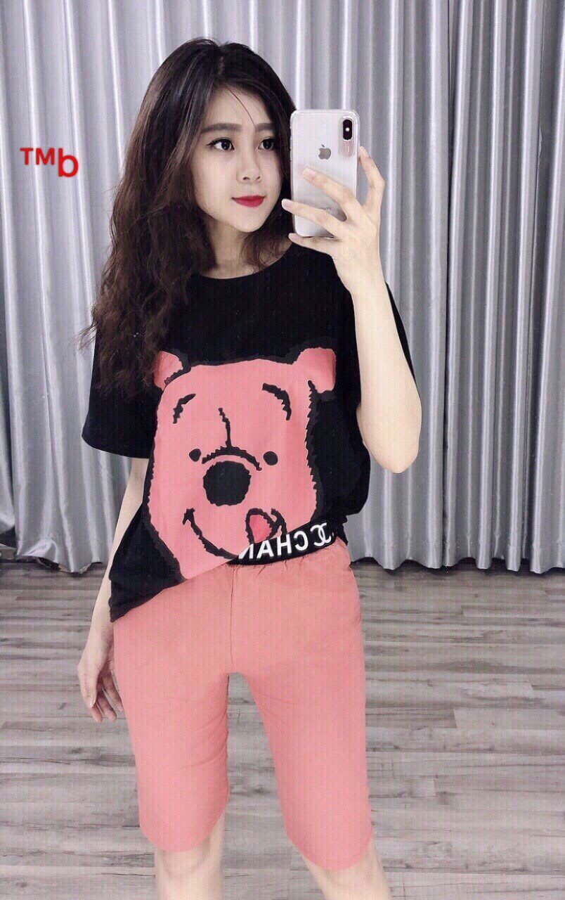 Sét bộ nữ quần lững áo in hình con gấu tay ngắn cổ tròn thời trang mới S76