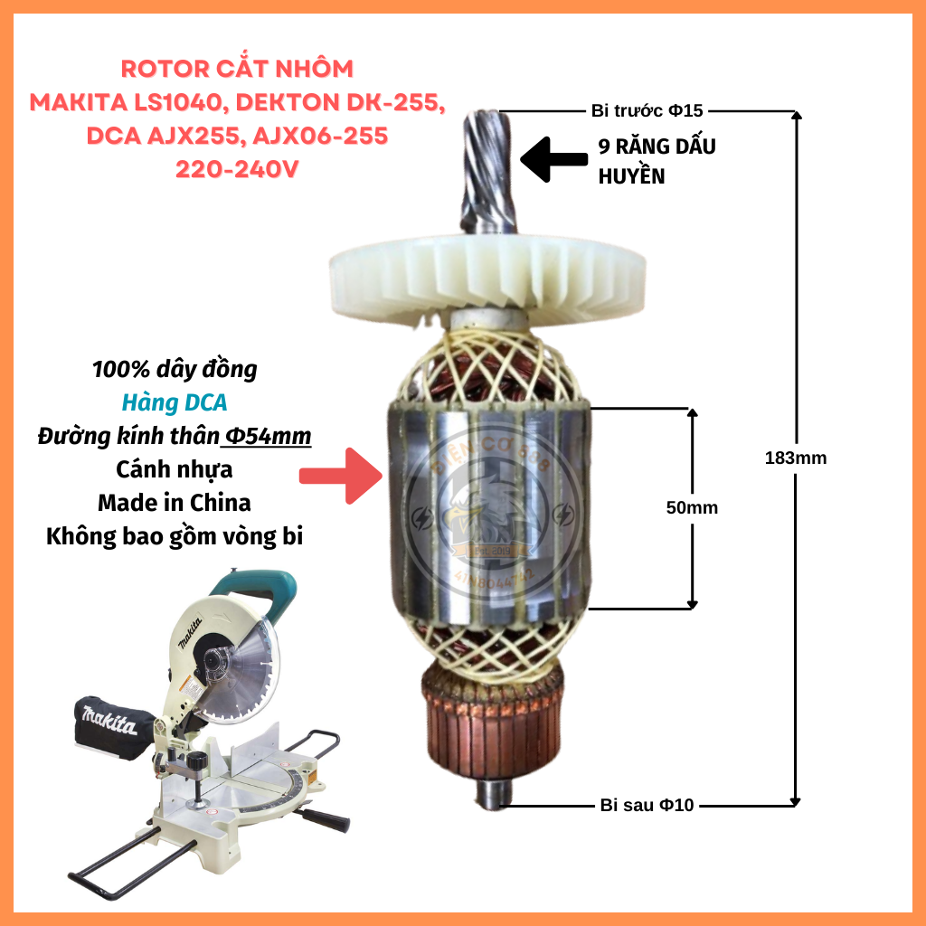 Rotor cắt nhôm makita ls1040, lh1040, dekton dk-255, dca ajx255, ajx06-255 cánh nhựa 220v - tặng chổi than