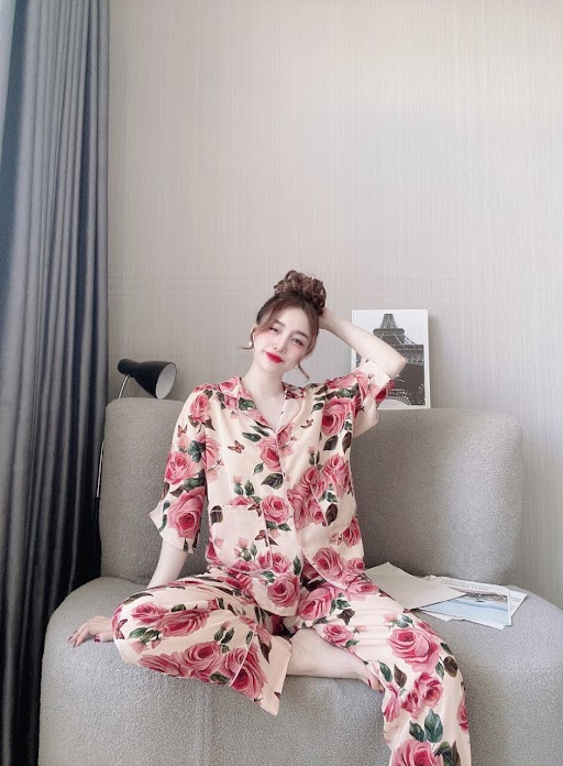Đồ ngủ pijama lụa mango loại 1 tay dơi hoa hồng
