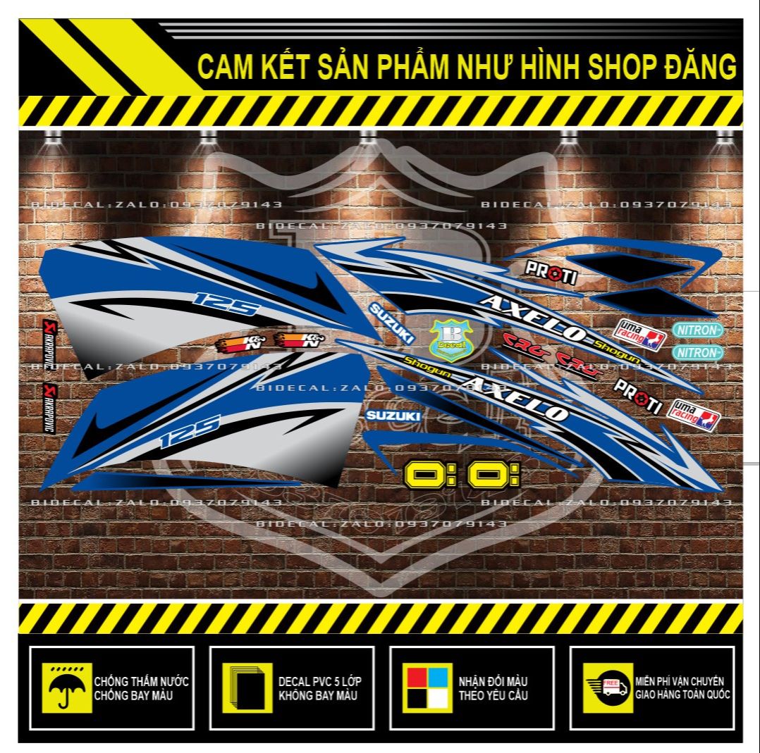 TEM RỜI AXELO 125 PHỐI DÁN XE XANH GP ( DECAL CAO CẤP - KHÁNG NƯỚC - KHÔNG BAY MÀU )