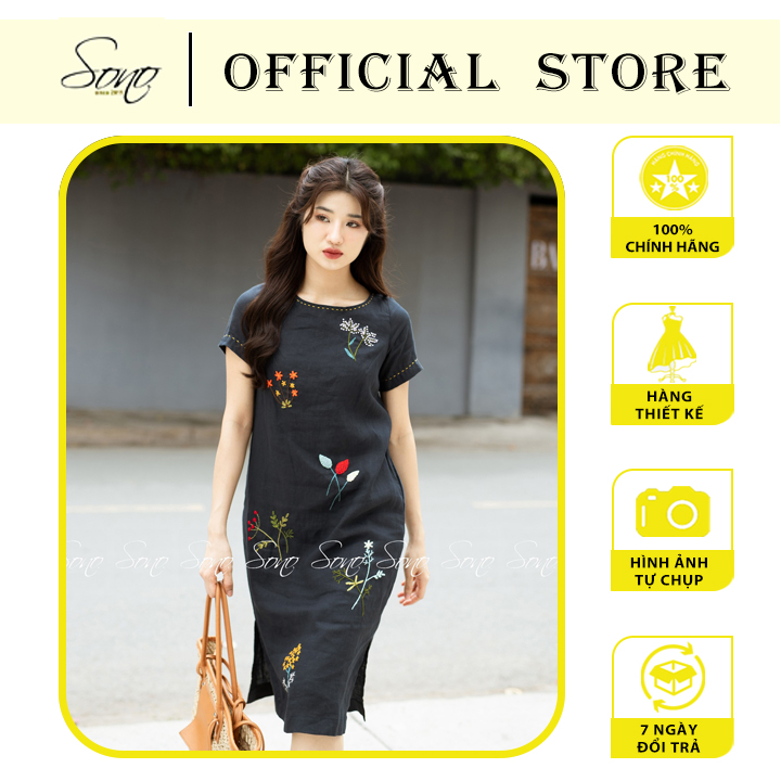 SONO - Đầm linen thêu toàn thân