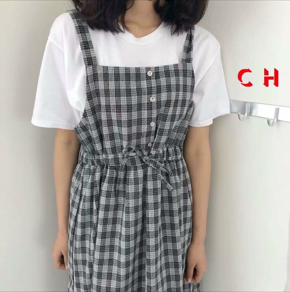 (rẻ vô địch) Sét váy yếm kẻ caro chun eo và áo siêu xinh