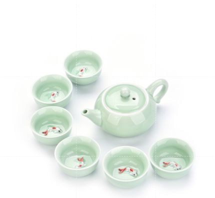 [HCM]Bộ Ấm Chén Trà Men Ngọc Cá 3D Xanh Nhạt
