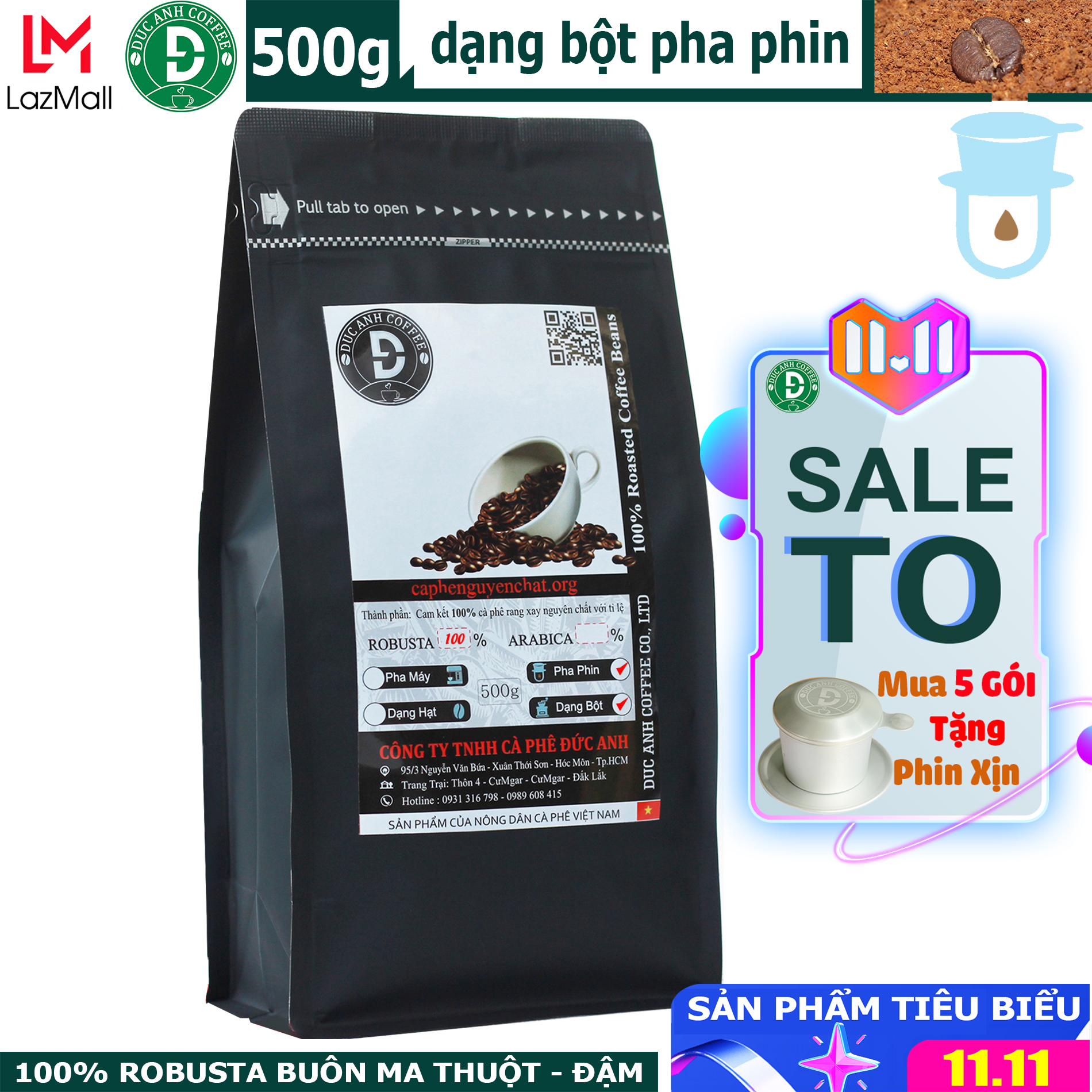 TRỢ GIÁ SỐC] gói 500gram Cà phê rang mộc Robusta Pha Phin đậm vị, mạnh