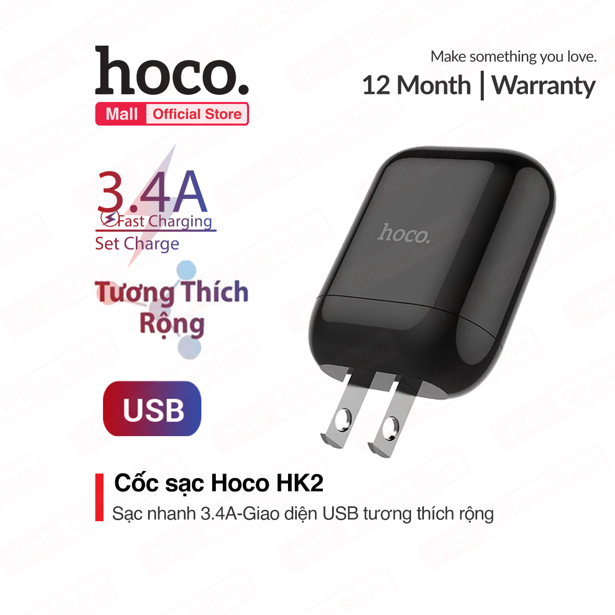 [ Mã giảm giá 60k cho đơn hàng từ 400k ] Cù Sạc Nhanh Hoco HK2 5V/3.4A Cổng USB thông dụng cho nhiều thiết bị Iphone Ipad Samsung Huawei Oppo