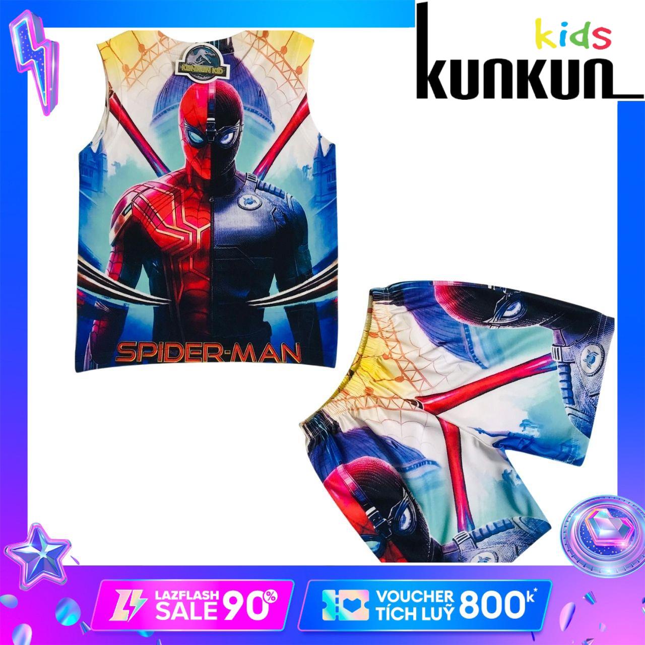 Quần áo bé trai thun lạnh thoáng mát in 3D hình Người nhện Spiderman Kunkun BL231 - Bộ ba lỗ bé trai cao cấp cho bé từ 10kg - 60kg