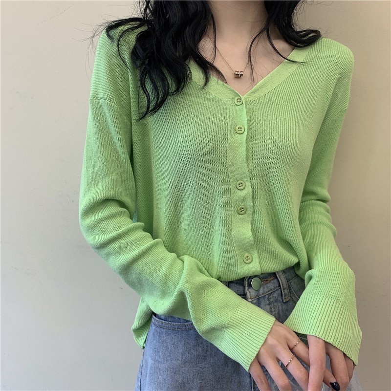 Áo Khoác Cardigan Thun Len Dệt Kim Tay Dài Dáng Rộng Cổ Chữ V Thời Trang Mùa Thu