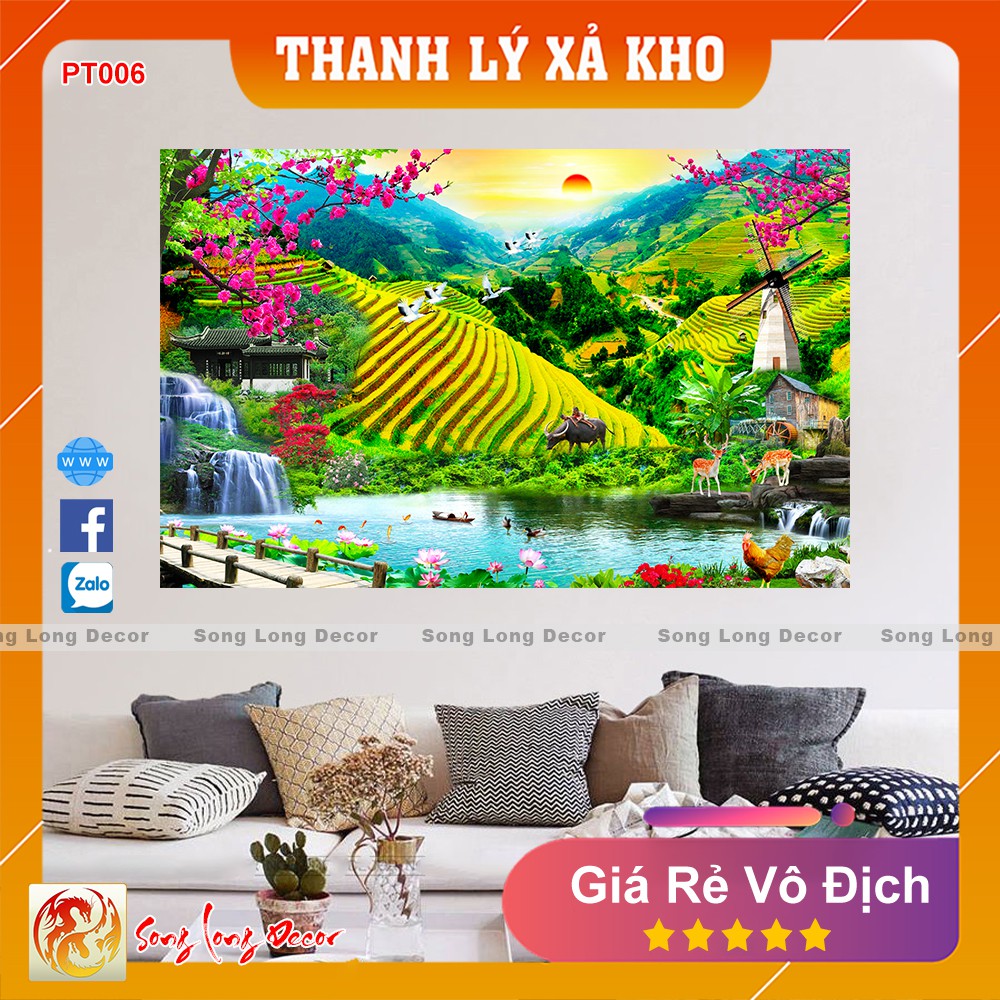 Tranh dán tường 3d Sơn Thủy Hữu Tình - Tranh 3D Phong Thủy- Giấy dán tường 3d - Song Long Decor - PT006