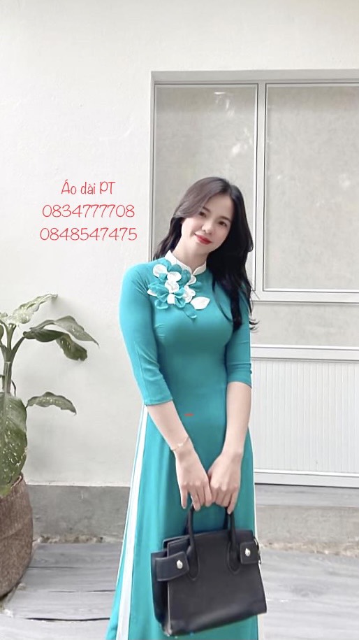 Áo dài đính hoa nổi 2 tà sang chảnh. chất lụa Nhật cao cấp