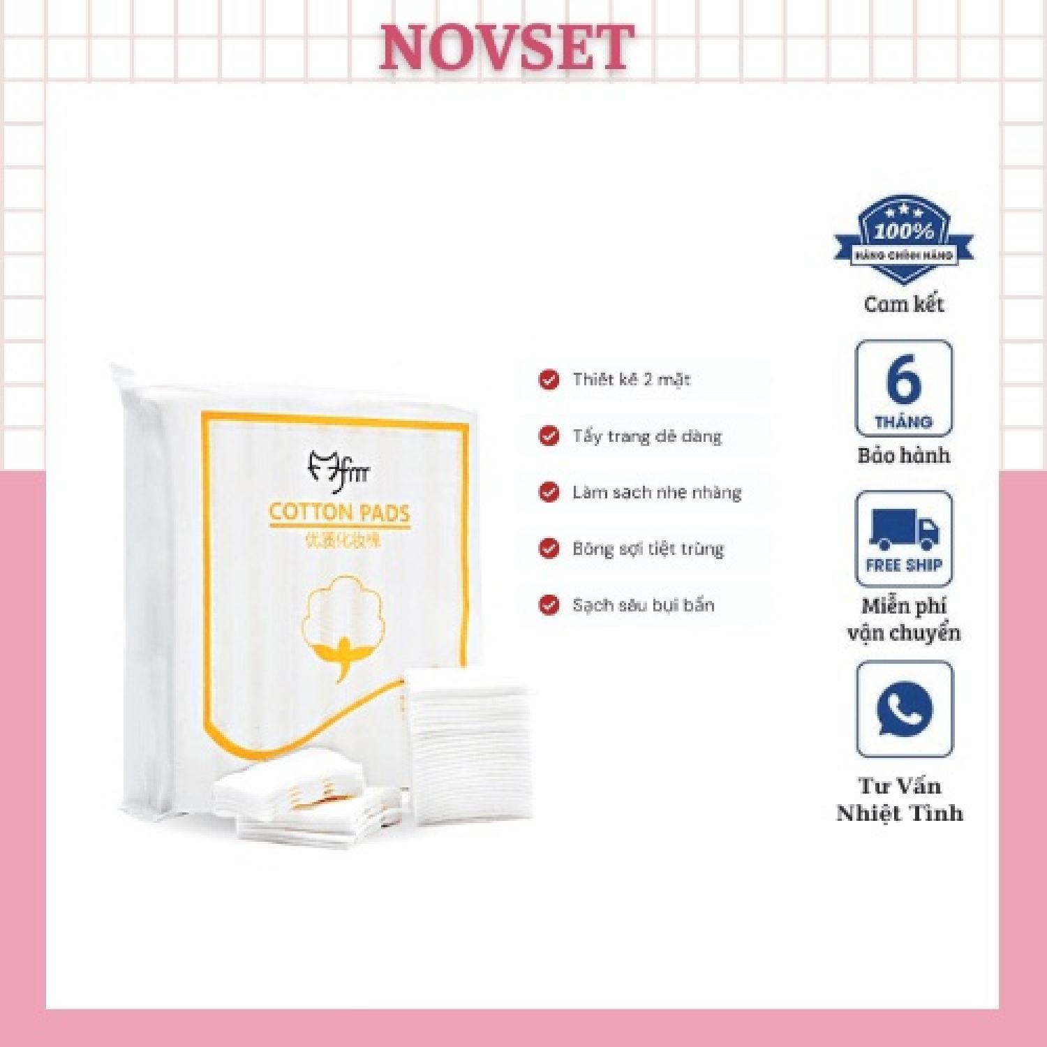 Bông Tẩy Trang Cotton Pads NOVSET Thiết Kế 3 Lớp Túi Gồm 222 Miếng Siêu Mềm Mịn