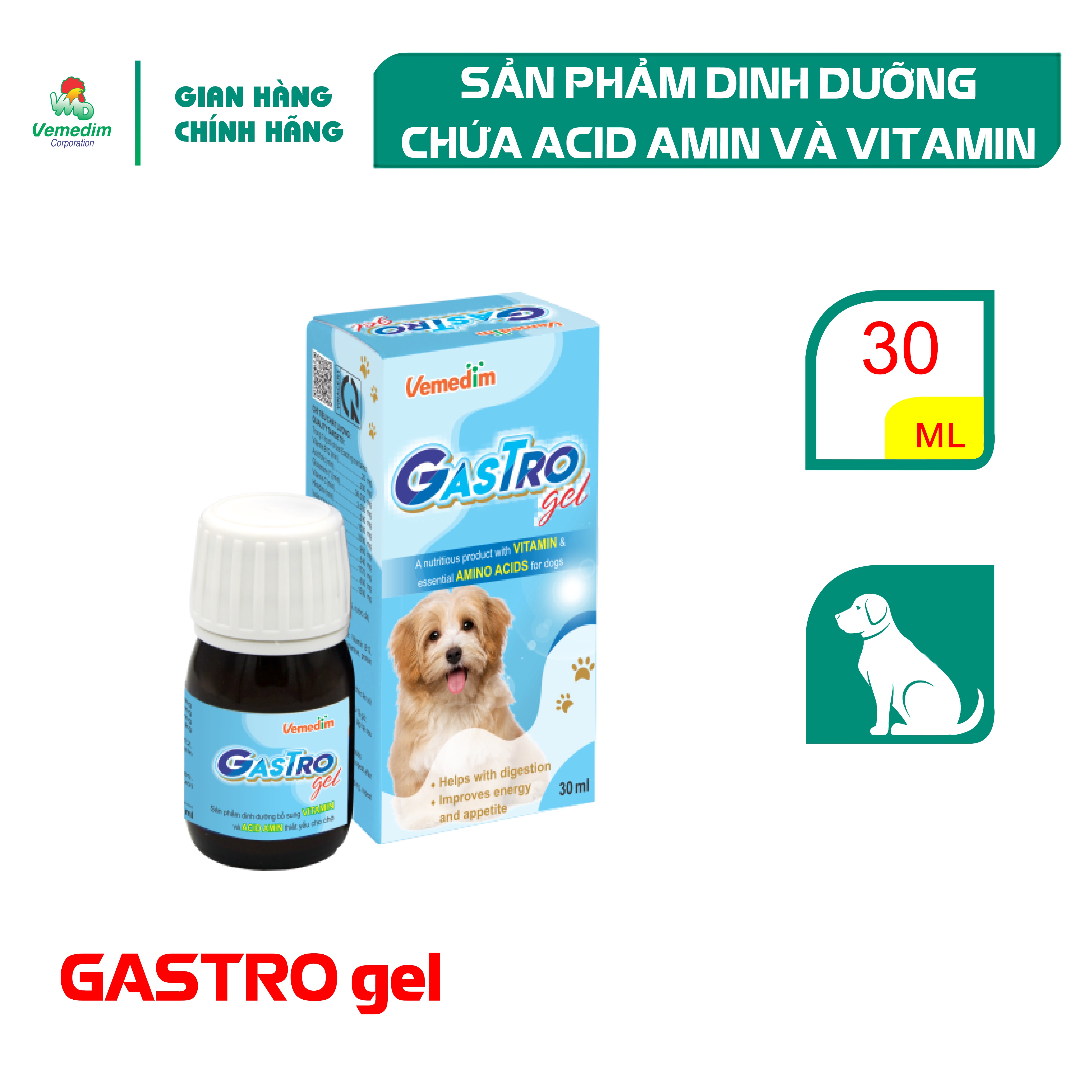 "Hoàn tiền đến 10%" Vemedim Gastro gel chứa vitamin và acid amin thiết yếu, giúp chó thèm ăn, tiêu hóa tốt, chai 30ml