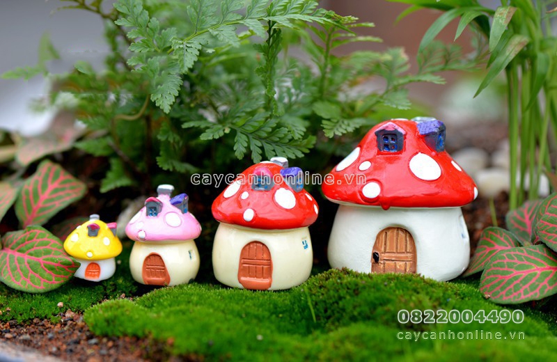 Bộ 4 nhà nấm sắc màu trang trí tiểu cảnh sân vườn cây cảnh để bàn lưu niệm