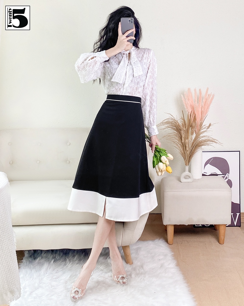 Chân váy dài, phối viền, xẻ tà Twenty.Five SC53