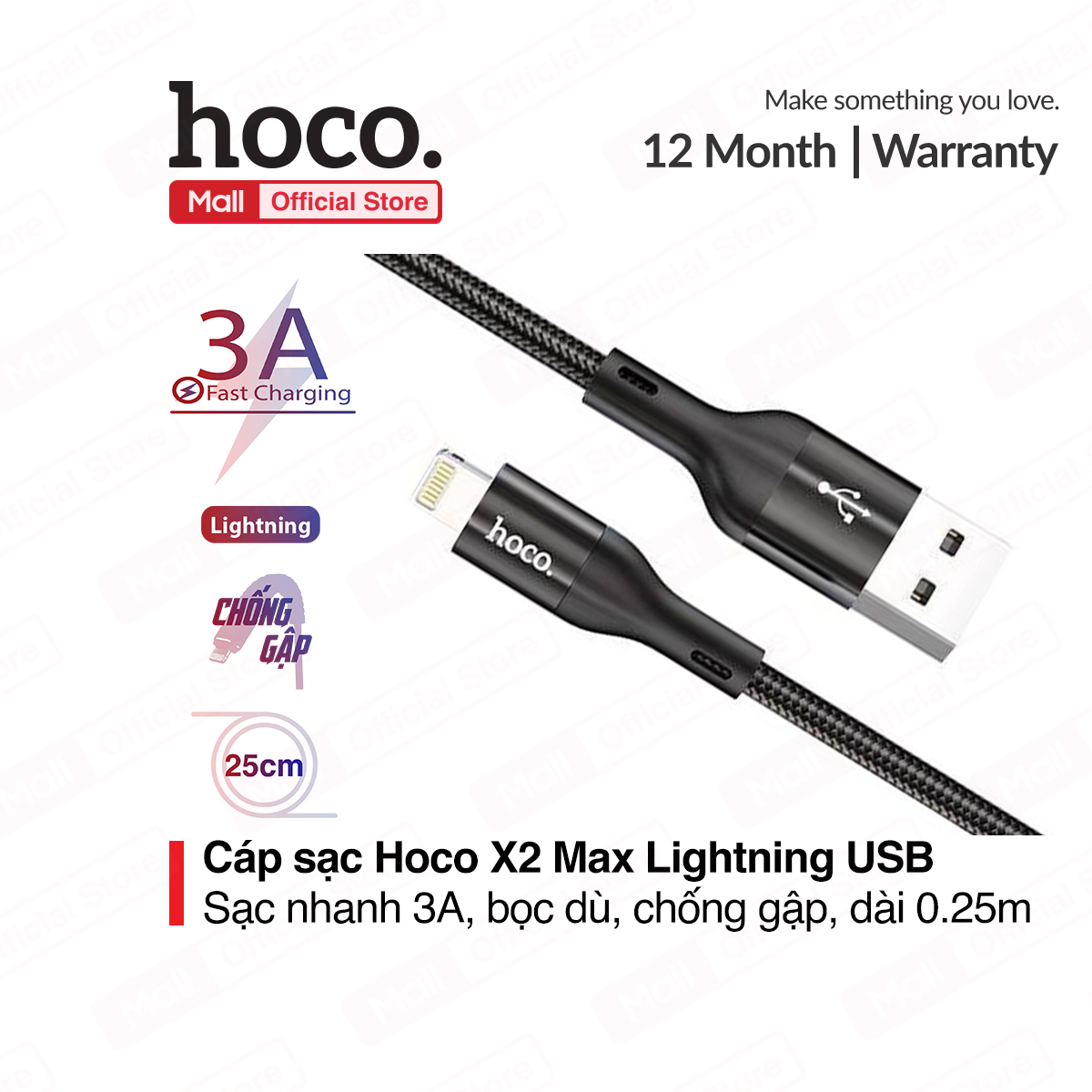 Cáp sạc nhanh Hoco X2 Max Lightning USB, sạc nhanh 3A và data tốc độ cao, dây dù, bọc sạc chống đứt cho IOS dài 25cm