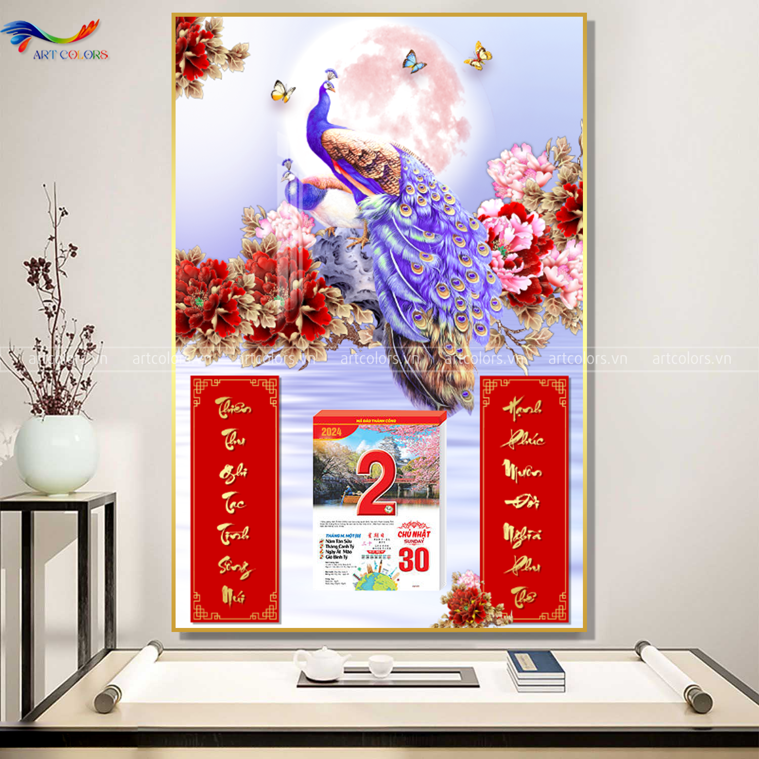 Lịch gỗ treo tường tráng gương 2024 chim công tặng bloc đại