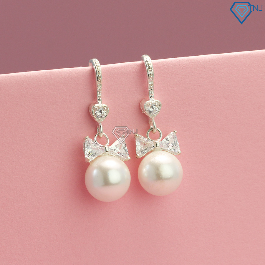 Bông tai nữ bạc thật hình nơ đính ngọc trai BTN0109 - Trang Sức TNJ