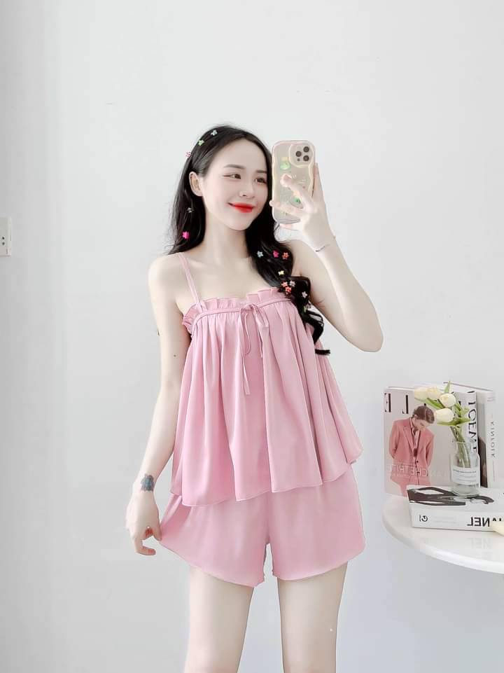Đồ Bộ Đùi Dây Phối Ren Vải Phi Lụa Mềm Mại  Freesize 45-57kg Đồ Bộ Đùi Vải Phi Lụa Mềm Mát