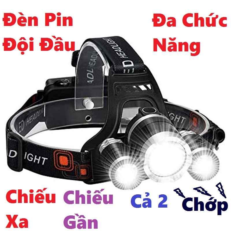 Đèn pin đội đầu 3 bóng t6 siêu sáng sanami fishing - đèn pin led đội đầu t6 4 chế độ chiếu sáng kim