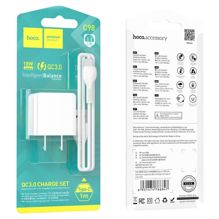 Bộ sạc nhanh 18W Hoco C98 cổng USB, QC3.0 cho điện thoại Android