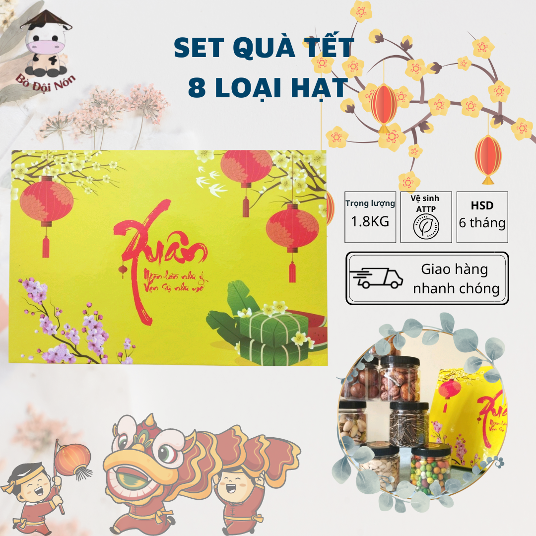 (QUÀ BIẾU TẾT) Set Quà Tết 8 Món Kẹo- Mứt- Hạt Bò Đội Nón