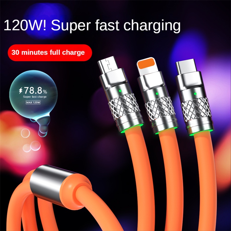 Sạch Nhanh 3 Đầu 120W 6A sạc siêu nhanh Loại C Cáp dữ liệu sạc nhanh USB cáp cho Iphone Huawei Samsung Xiaomi Redmi dòng dữ liệu