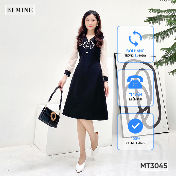 Đầm tay dài cổ phối nơ bemine mt3045den