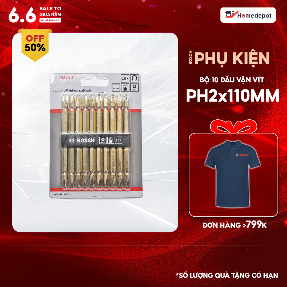 10 đầu vặn vít Bosch (PH 2 - 110 mm) 2608521043 - Màu vàng