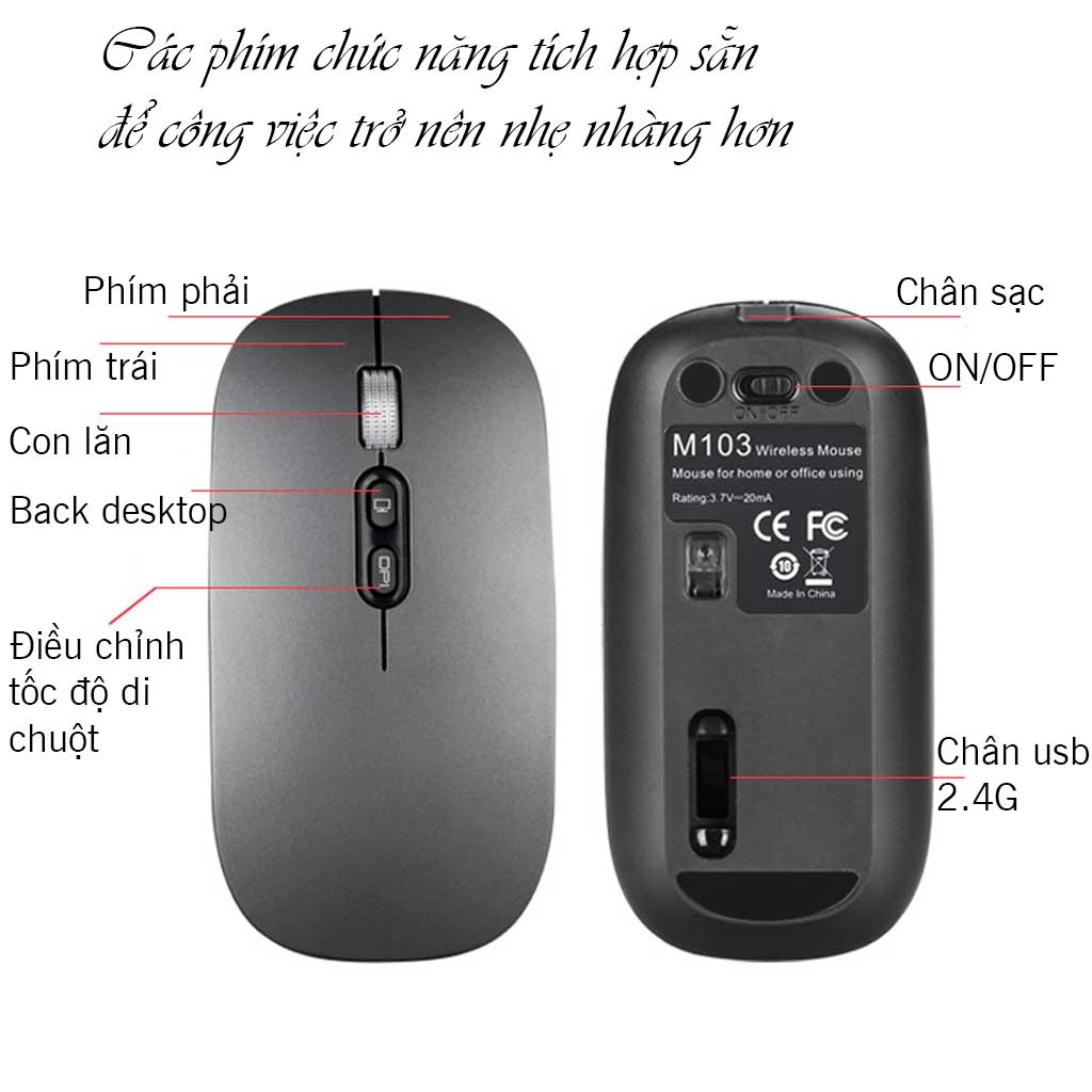 Chuột không dây bluetooth HXSJ M103B sạc pin siêu mỏng không gây tiếng ồn chuyên dùng cho Máy tính, pc, Laptop, Tivi