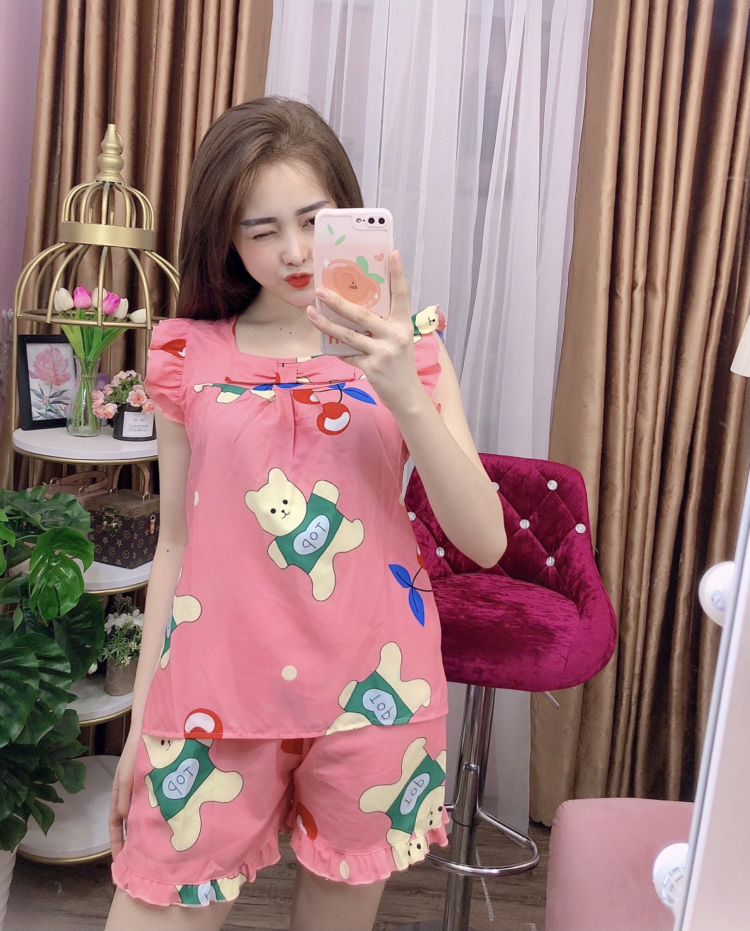 ĐỒ BỘ LỤA ĐÙI MẶC NHÀ HỌA TIẾT HÌNH THÚ DỄ THƯƠNG (ẢNH THẬT) CÓ SIZE 40-70KG - LUA08