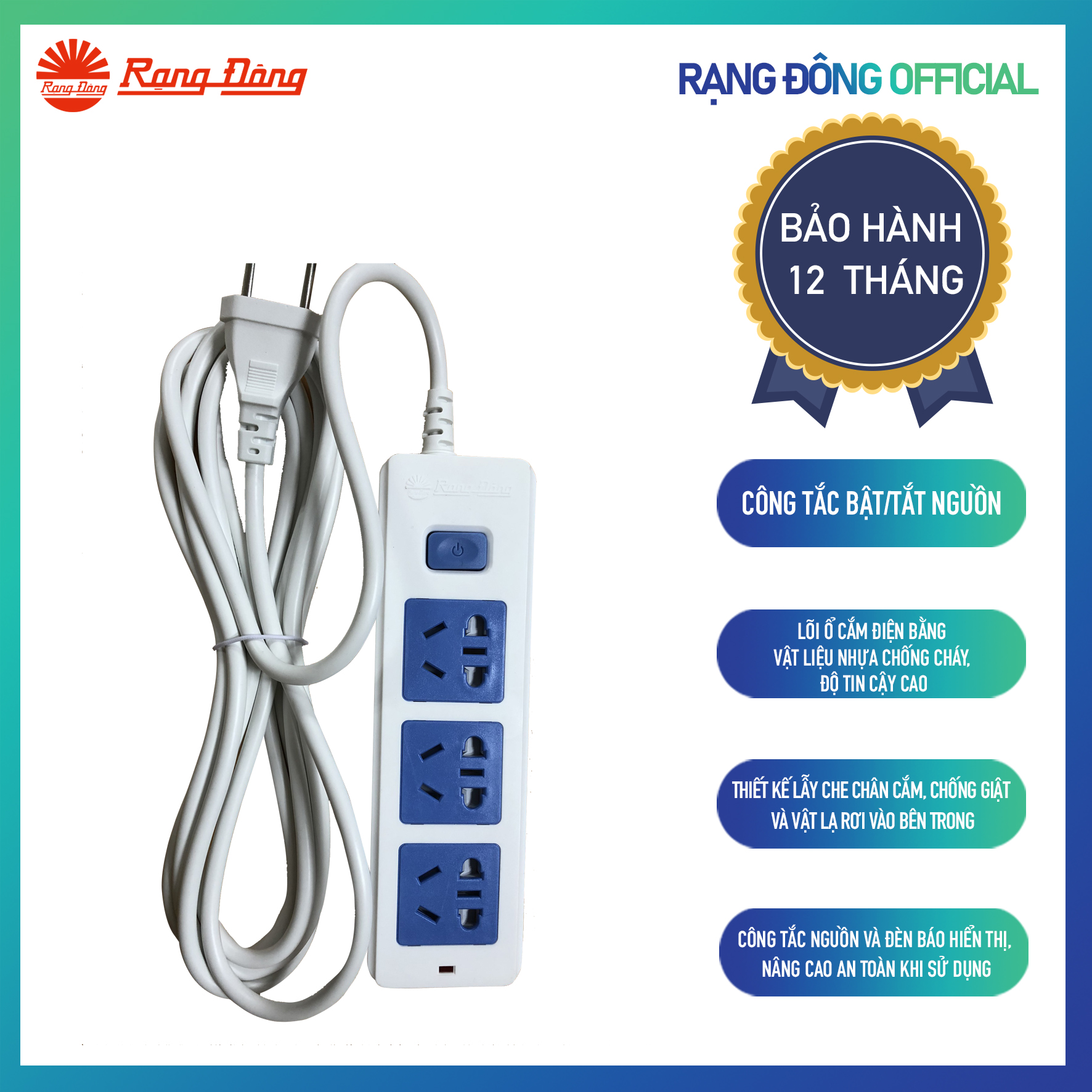 Ổ cắm điện kéo dài 3m 5m 10A chịu tải 2200w chính hãng Rạng Đông độ bền cao an toàn cho người sử dụng