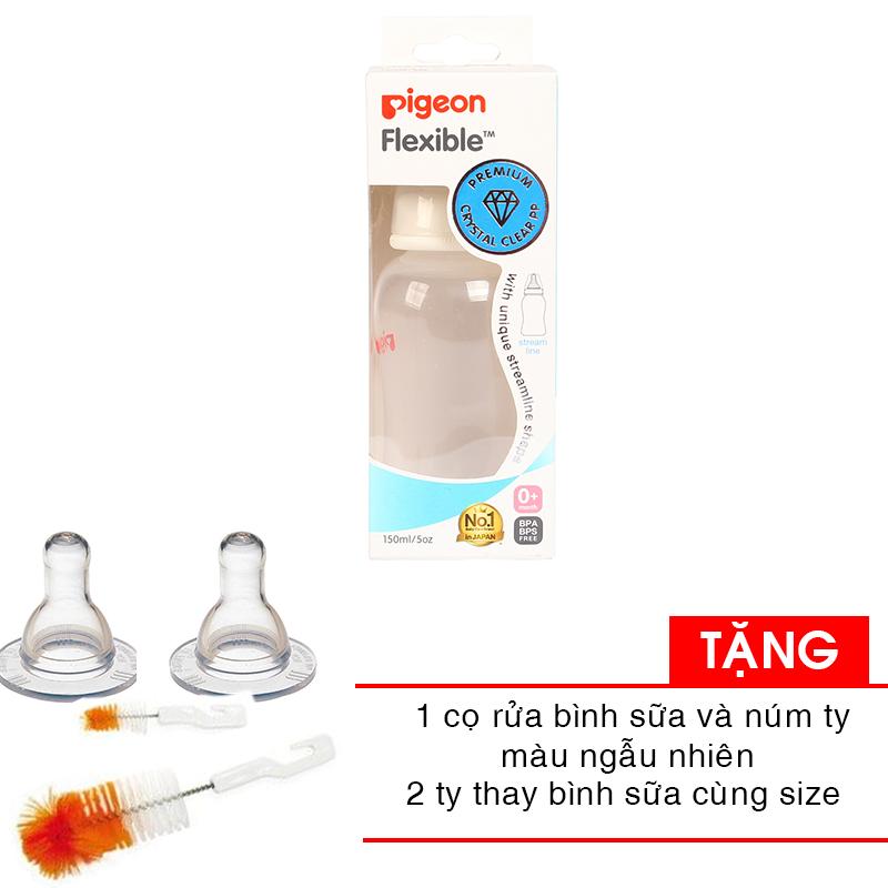 Combo Bình sữa Pigeon Streamline 150ml + 1 cọ rửa bình sữa và núm ty tặng 2 ty binh sua cùng size