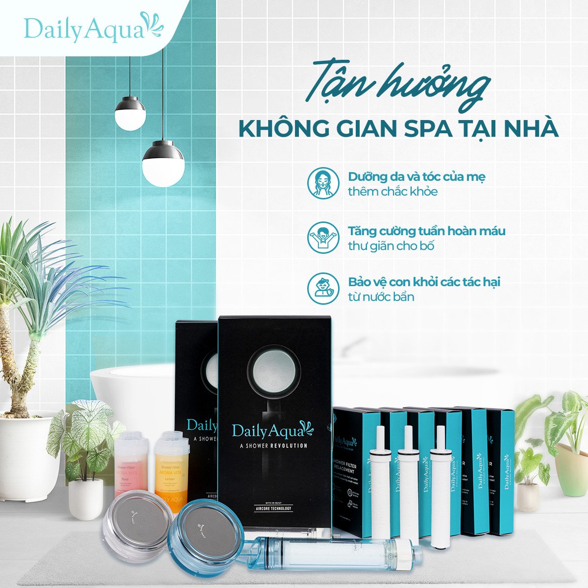 Trọn Bộ Sản Phẩm Lọc Nước Daily Aqua - Vòi sen Lọc Nước, Vi Khuẩn, Tạp Chất & Lõi Lọc Nước Vitamin