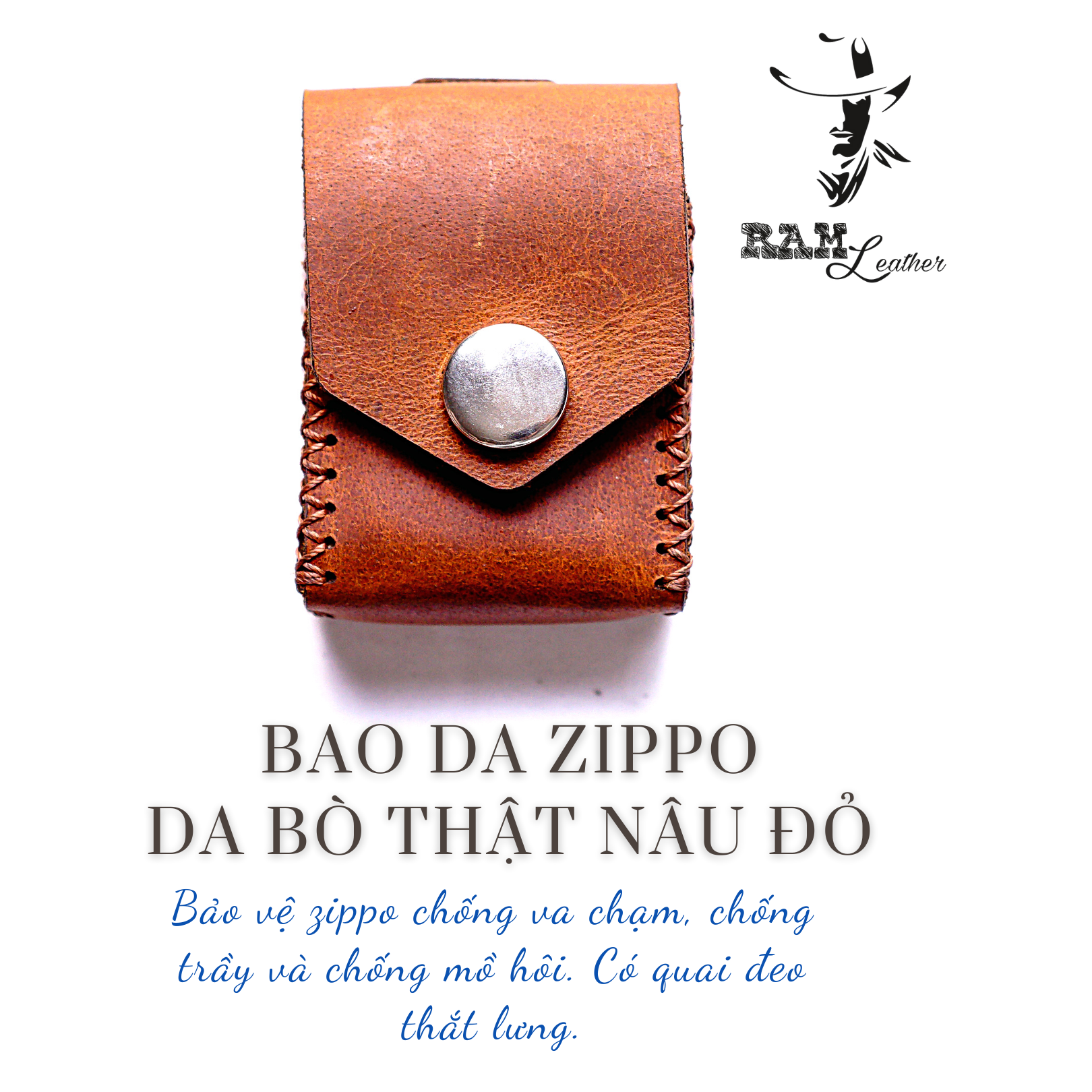 Bao da Siêu bền Zippo Da Bò Thật Nâu Đỏ RAM Leather