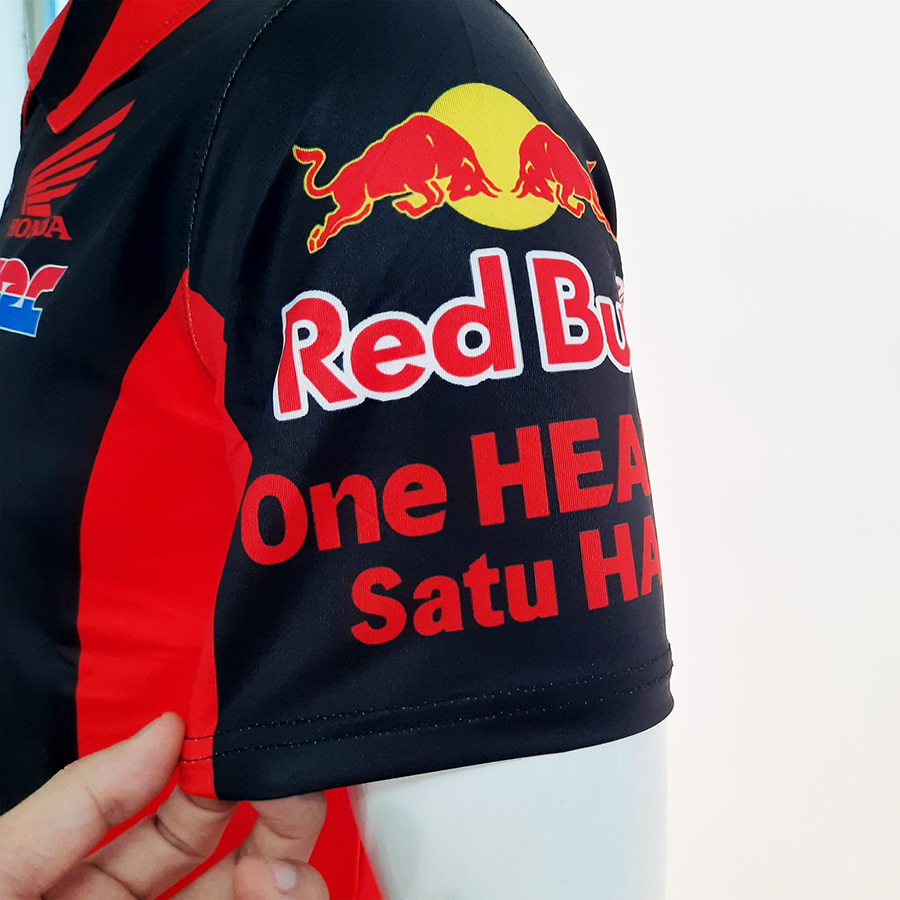 Áo thun nam có cổ tem xe Honda Đen Cam