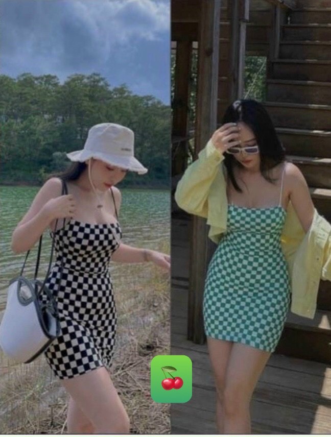 đầm 2 dây bún caro chất thun gân-ringu shop