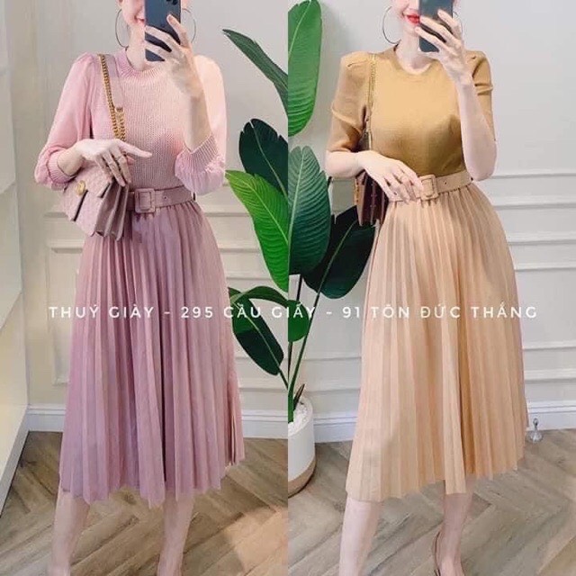 Chân váy xếp ly dáng dài kèm đai ( đai lỗ)